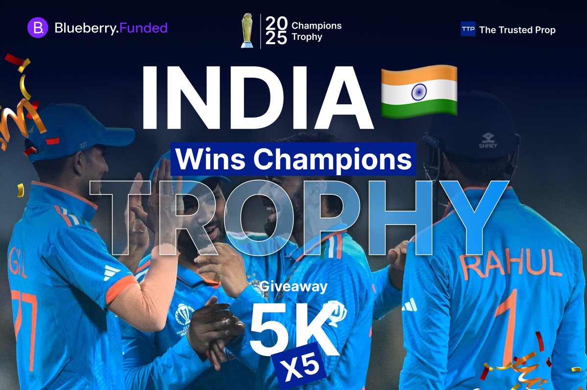 TheTrustedProp (@thetrustedprop) on Twitter photo 🎉 Celebrating India’s ICC Champions Trophy 2025 Victory! 🇮🇳🏆 🎉
To mark this incredible win, we’re giving away 5x $5000 accounts! 🎁💥
✅ How to Enter:
Follow <a href="/TheTrustedProp/">TheTrustedProp</a> & <a href="/BlueberryFunded/">Blueberry Funded</a>
Like this post ❤️
Tag 3 friends who love cricket! 🏏 🎉 Celebrating India’s ICC Champions Trophy 2025 Victory! 🇮🇳🏆 🎉
To mark this incredible win, we’re giving away 5x $5000 accounts! 🎁💥
✅ How to Enter:
Follow <a href="/TheTrustedProp/">TheTrustedProp</a> & <a href="/BlueberryFunded/">Blueberry Funded</a>
Like this post ❤️
Tag 3 friends who love cricket! 🏏