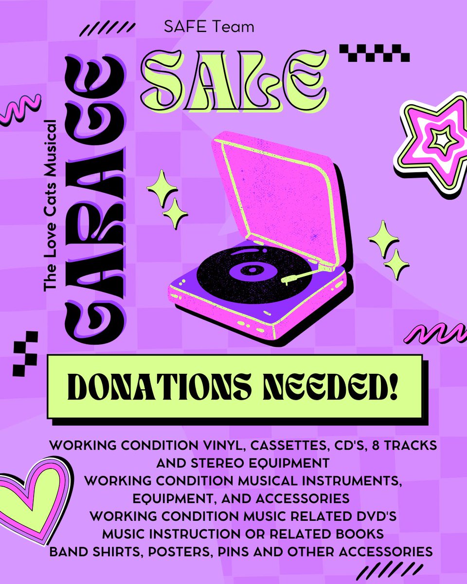 SAFEteamrescue's tweet photo. Did you attend our The Love Cats Music Garage Sale in 2023? It was so much fun and we are holding another one this year on Saturday, May 3 from 10 AM - 3 PM! We are putting a call out for donations of:
- in working/good condition vinyl/cassettes/CDs/8 tracks
- in working/good https://t.co/QINqGrWmXW