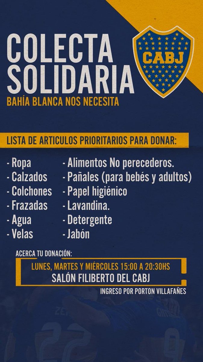 Ayudemos a Bahia Blanca 🙏🏼

Entre lunes y miércoles, estaremos recolectando en el club, artículos de primera necesidad para ayudar a los habitantes de Bahia Blanca, luego de su trágica inundación.
Gracias por colaborar y difundir.