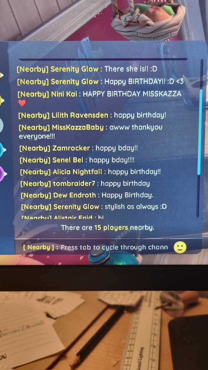 Eating cake while hosting a cake party on a friends plot on <a href="/playPalia/">Palia</a>!! With some lovely birthday messeges!! 🎂 Palia really does have a lovely community ❤️