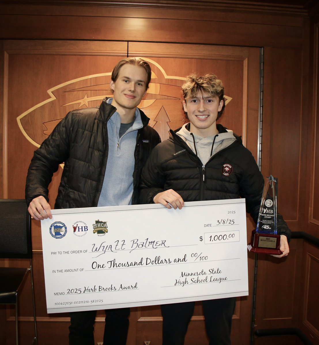 Meet our 2025
Boys Class A Herb Brooks Award Winner from Northern Lakes, Wyatt Balmer.
Congratulations! Presented by Herb's grandson, <a href="/tommy_paradise/">Tommy Paradise</a>