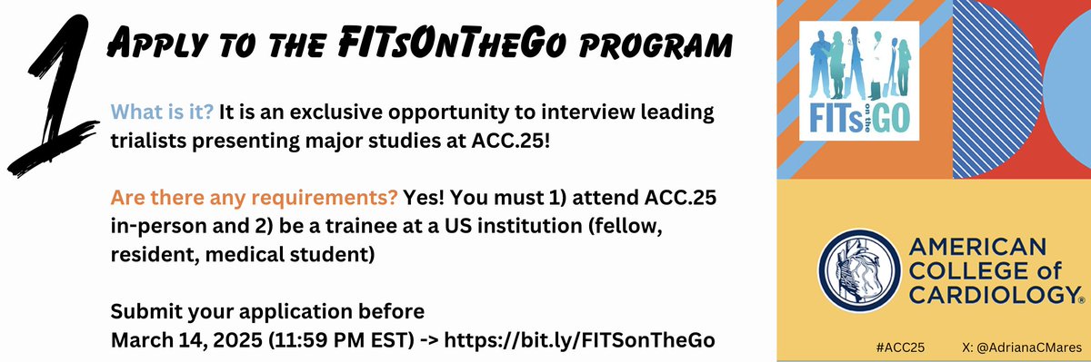Adriana C. Mares (@adrianacmares) on Twitter photo đź””ATTN #ACCMedStudents, #ACCMedRes & #ACCFIT:
Save this thread as I’ll be sharing key events & opportunities at #ACC25.
#1 – Apply for <a href="/FITsOnTheGo/">FITsOnTheGo</a>
🔵Deadline: 3/14
⚪️Application: docs.google.com/forms/d/e/1FAI…
đźź Past Interviews:
youtube.com/@FITsontheGO đź””ATTN #ACCMedStudents, #ACCMedRes & #ACCFIT:
Save this thread as I’ll be sharing key events & opportunities at #ACC25.
#1 – Apply for <a href="/FITsOnTheGo/">FITsOnTheGo</a>
🔵Deadline: 3/14
⚪️Application: docs.google.com/forms/d/e/1FAI…
đźź Past Interviews:
youtube.com/@FITsontheGO