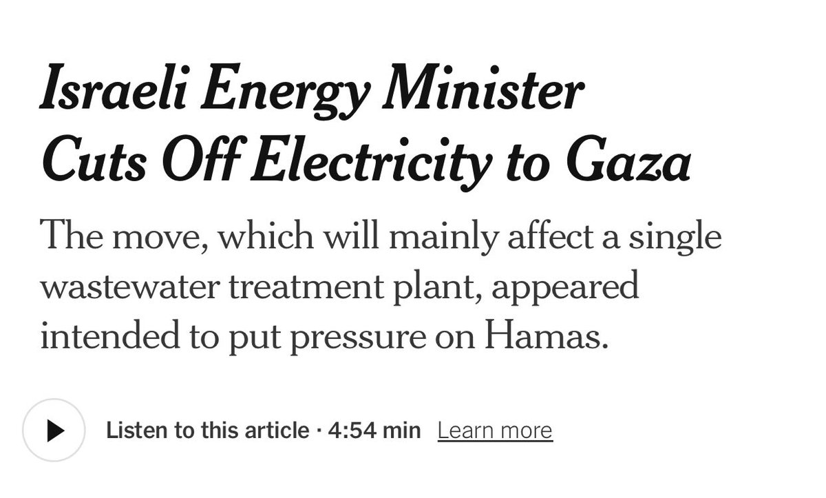 mamoun_linda's tweet photo. Israel just shut off electricity for 2.2 million people, and The New York Times is making it sound like a reasonable negotiation tactic affecting just a single treatment plant instead of a war crime targeting an entire population. https://t.co/lm0lxrR6B5
