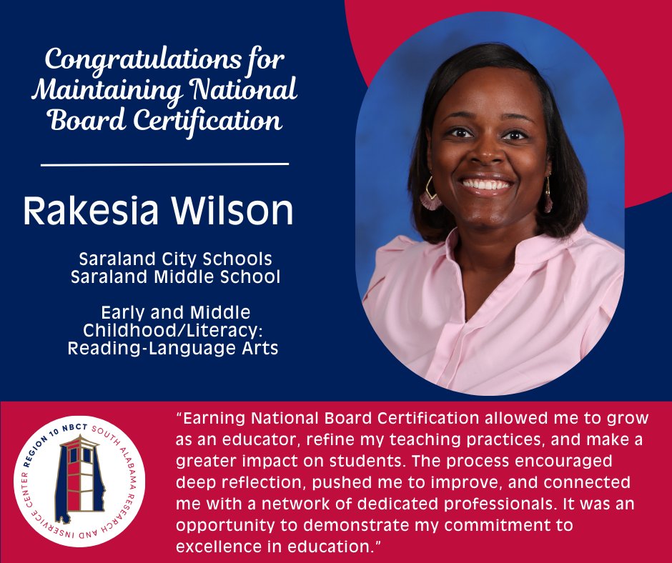 Congratulations to our Region 10 National Board Certified Teachers for Maintaining National Board Certification!  ❤️🤍💙
The 2025 Alabama NBCT Scholarship is due by March 31st!  
docs.google.com/document/d/18G…