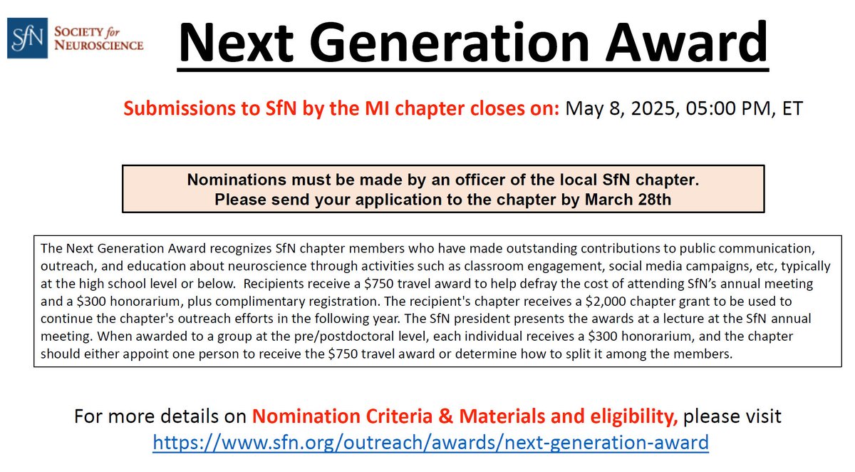 SFN Michigan Chapter (@sfnmichigan) on Twitter photo Apply for Next Generation Award!!
Submissions to SfN by the MI chapter closes on: May 8, 2025, 05:00 PM, ET .
For more details on Nomination Criteria & Materials and eligibility, please visit sfn.org/outreach/award…
<a href="/SfNtweets/">Society for Neuroscience (SfN)</a> Apply for Next Generation Award!!
Submissions to SfN by the MI chapter closes on: May 8, 2025, 05:00 PM, ET .
For more details on Nomination Criteria & Materials and eligibility, please visit sfn.org/outreach/award…
<a href="/SfNtweets/">Society for Neuroscience (SfN)</a>
