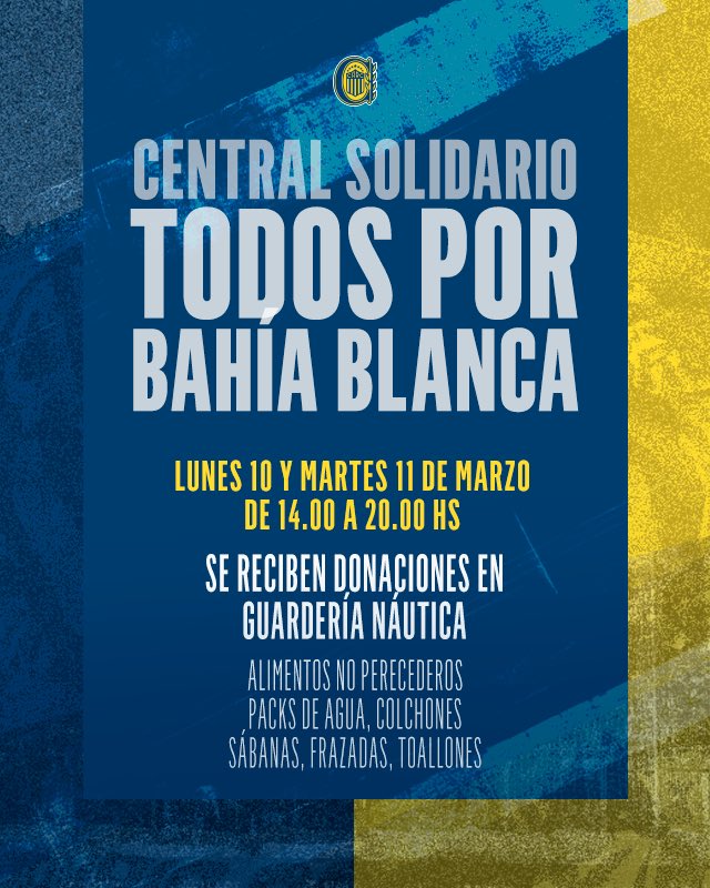 Central Solidario, todos por Bahía Blanca 🤝🏻

Este lunes 10/03 y martes 11/03 recibimos donaciones para los afectados por las inundaciones de dicha ciudad. 

⏰ 14 a 20 
📍 Guardería Náutica 

¡Tu ayuda es importante! 💪🏻