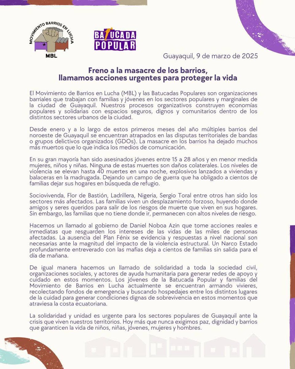 #Comunicado🆘| Desde enero y a la largo es estos primeros meses del año múltiples barrios del noroeste de Guayaquil se encuentran atrapados en las disputas territoriales de bandas o grupos delictivos organizados (GDOs). Sociovivenda, Flor de Bastión, Ladrillera, Nigeria, Sergio