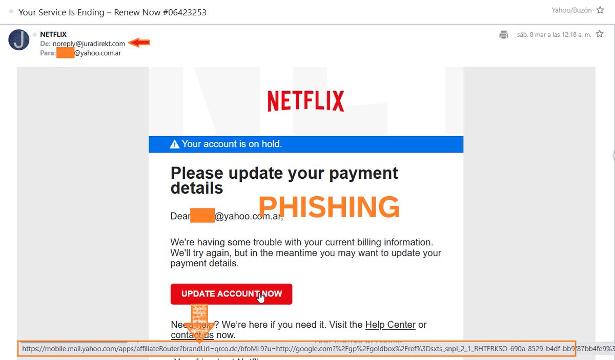 CUIDADO: correos falsificando <a href="/netflix/">Netflix</a> engañan al destinatario sobre un falso problema con el pago de la suscripción. 
El enlace, que NO corresponde al dominio netflix.com, redirige engañosamente a sitio peligroso ya denunciado como se ve en VT virustotal.com/gui/url/bc8088…