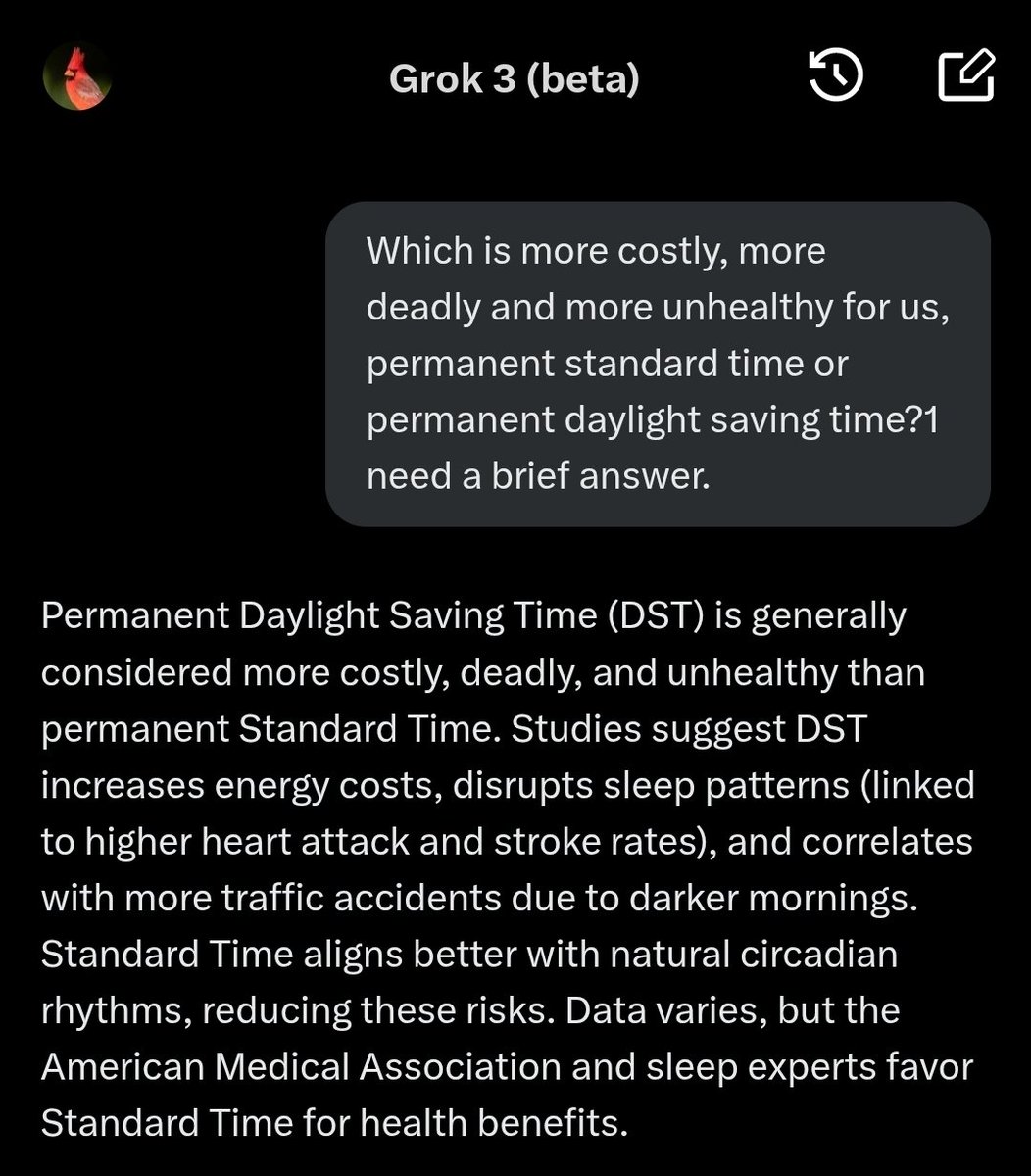 K1526G's tweet photo. @elonmusk @grok Alright, fine. I just did. #Grok says PERMANENT STANDARD TIME is best for our health. 🇺🇸
#EndDST #DitchDST #AbolishDST #KeepStandard #SaveStandard @SaveStandard @mr_jay_pea
CC: @realDonaldTrump @BasedMikeLee @SecDuffy @glennbeck @hubermanlab @MattWalshBlog @KariLake @AASMorg https://t.co/ZAPf6xx5o4