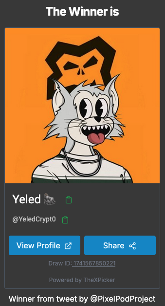 PixelPodProject's tweet photo. Congrats @YeledCrypt0 you won!! This killer @TypicalTigerNFT !!๐ฏ
Drop your Wallet! LFG!
Draw ID: 1741567850221 #thexpicker #PixelPods https://t.co/ceREqdUfCr