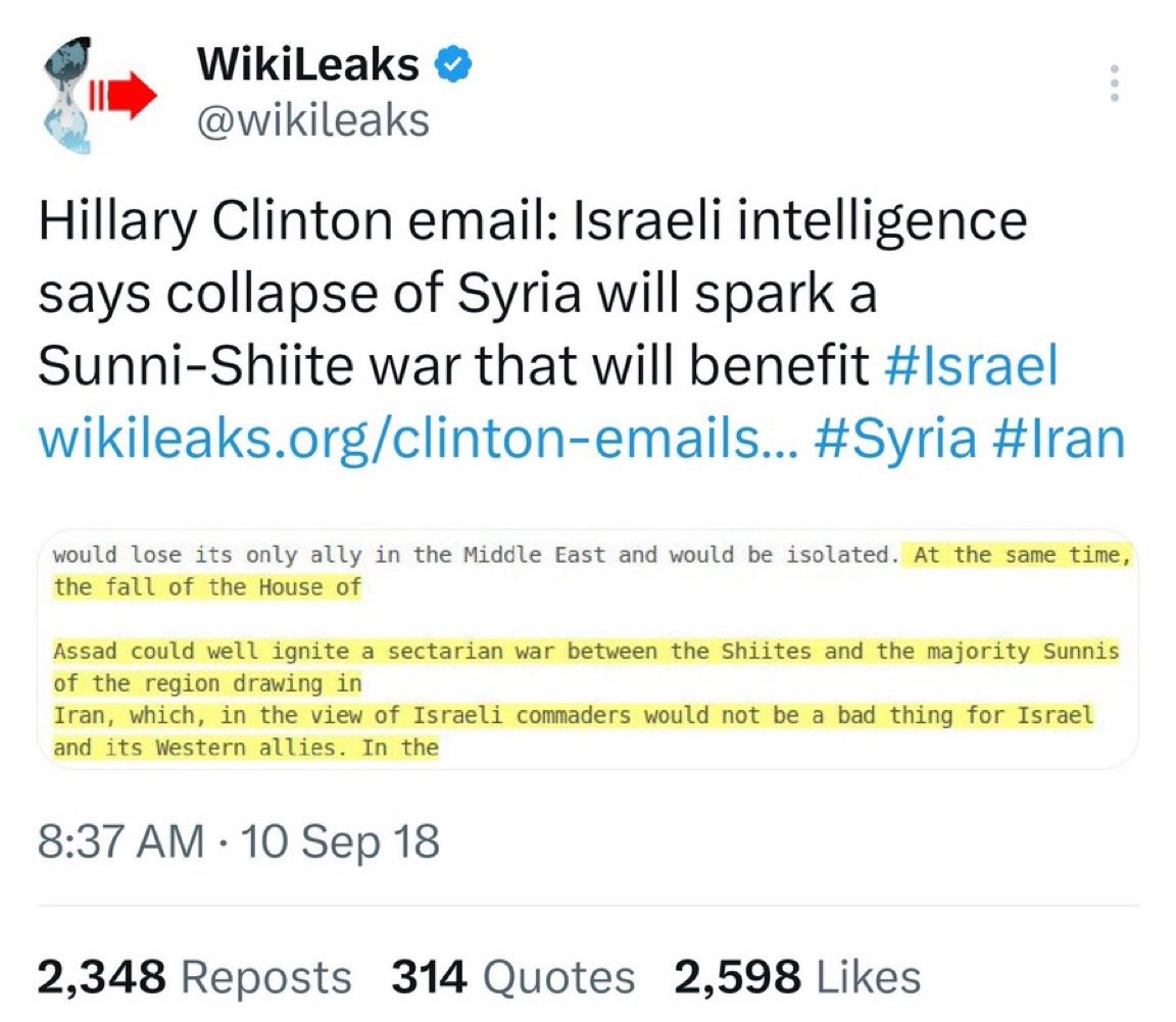 LEAKED 🚨 Hillary Clinton emails on #Syria shows the US new overthrowing Assad would lead to Christians and Shia (alawites) getting butchered but that it would be good for Israel.