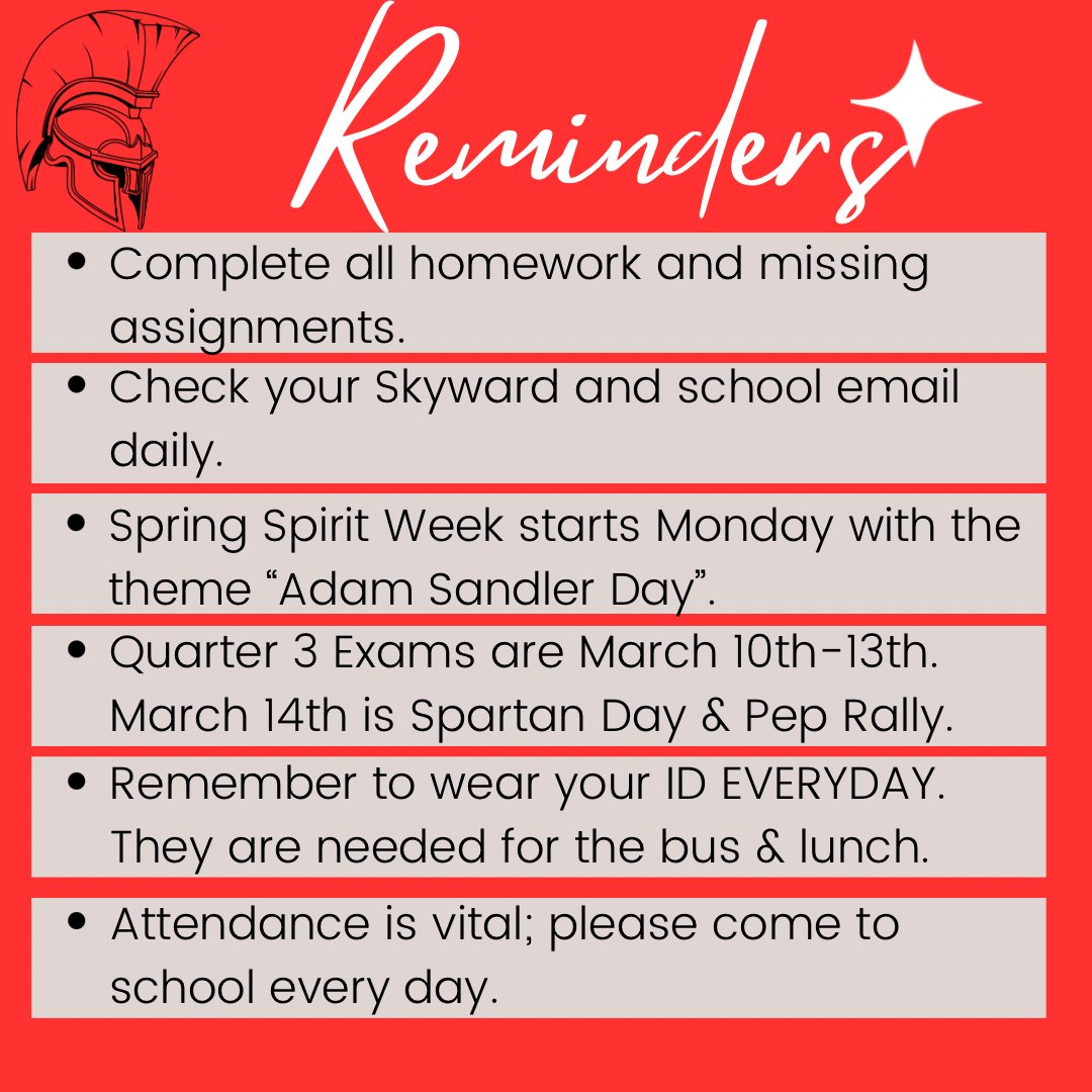 southtexasisdpa's tweet photo. It’s #SuperSpartanSunday! Here are your reminders for this week, which is the last week of the quarter. Make sure to study for exams, turn in any pending assignments, and participate in #SpringSpiritWeek as we countdown to SPRING BREAK! See you Monday! https://t.co/GCP0POJx16
