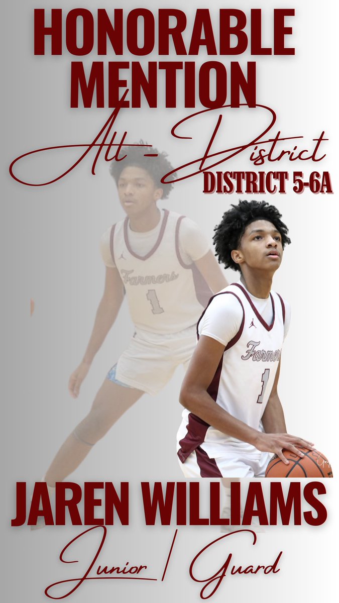 Congratulations to JUNIOR guard Jaren Williams  on being a district 5-6A Honorable Mention selection.