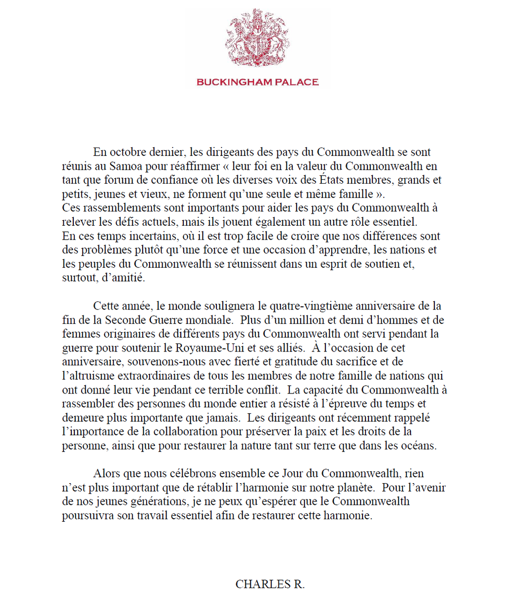 CanadaGG's tweet photo. Sa Majesté le Roi partage le message suivant avec la population canadienne à l’occasion du Jour du Jour du Commonwealth. https://t.co/YMqT7Ik9iJ