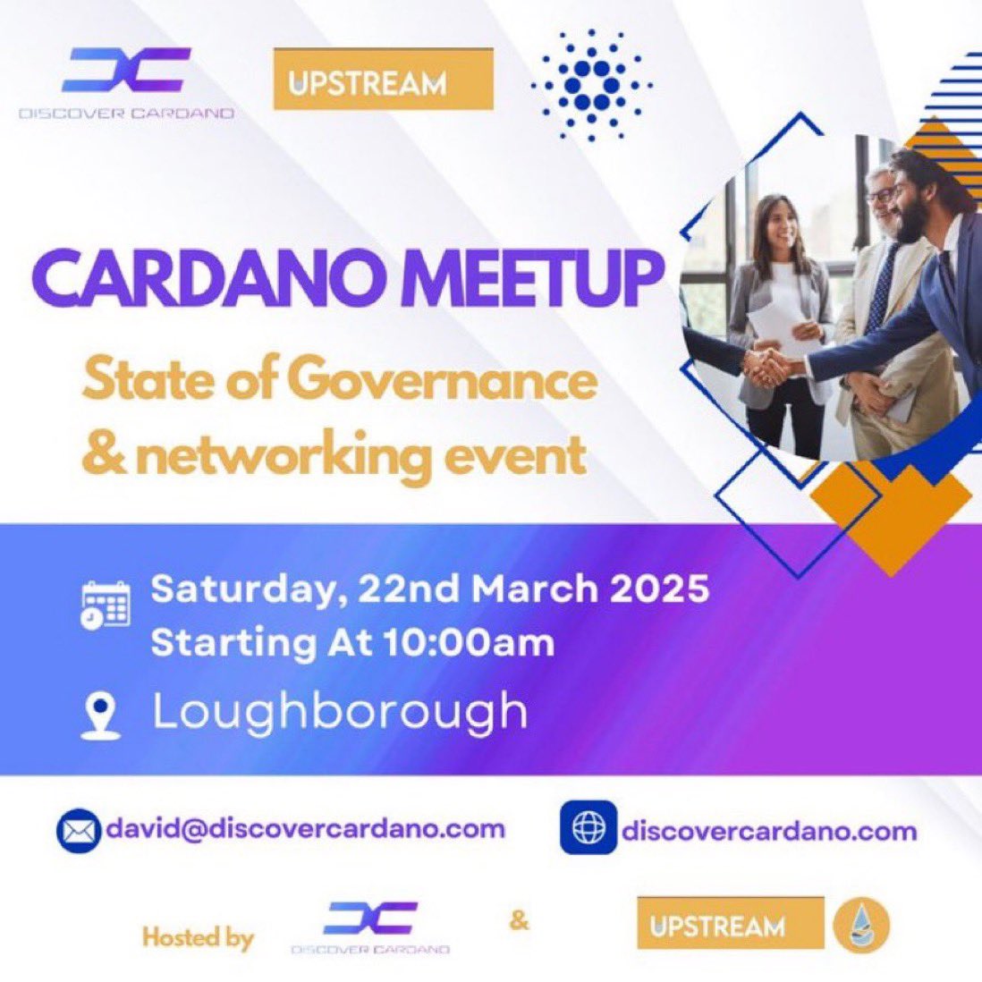 🇬🇧 UK #Cardano Community!

State of Governance and Networking Event

Hosted by:
<a href="/DiscoverCardano/">DiscoverCardano</a> 🤝 <a href="/Upstream_ada/">Upstream, Cardano Stake Pool (UPSTR)</a> 

🗓️ Saturday 22nd March 2025
🕙 10 am start
📍Loughborough, UK

Image Credit: @WepngongMaureen 

Please like, comment and share. Follow the hosts to keep updated!