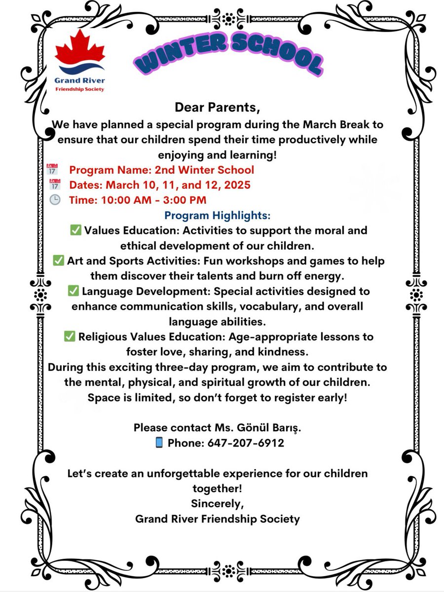 grfsociety's tweet image. 📢 Exciting March Break Winter School for Kids!

💲 Fee: $75

Our program is designed to be fun, engaging, and enriching—a perfect mix of learning and enjoyment!

#MarchWinterSchool #GrandRiverFriendshipSociety #MarchBreakFun #KidsActivities #LearningThroughPlay #LoveIsAVerb