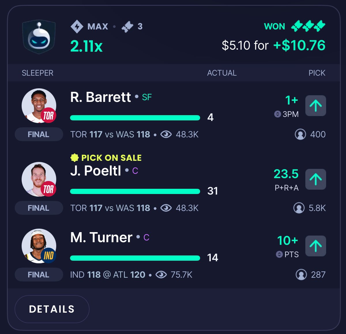 DFPicks05's tweet image. Cashed 3/4 of the Sleeper Discounts &amp;amp; Boosts. These are have easy money recently. The only one that missed was Herro, which was a 🪝 by .5

#SleeperPicks #PrizePicks #UnderdogFantasy #NBA #sportsbetting