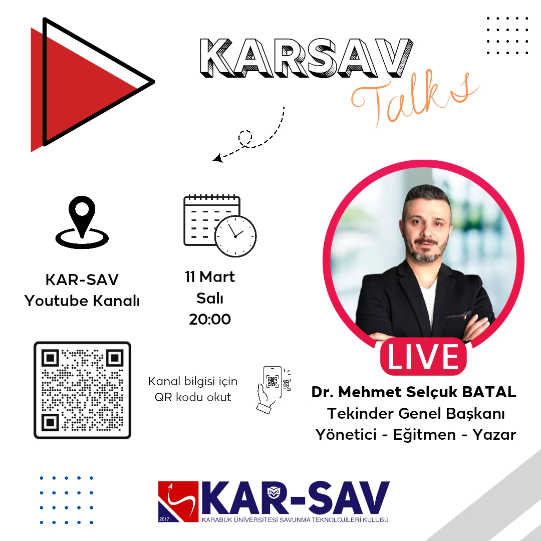 Dernek Başkanımız Sn. Mehmet Selçuk Batal (<a href="/msbatal/">Mehmet Selçuk Batal</a>) 11 Mart Salı günü saat 20:00'de Karabük Ünv. Savunma Tek. Kulübü’nün düzenlediği etkinlik kapsamında bir söyleşi gerçekleştirecektir. 

Youtube: youtube.com/@karabukkarsav

#tekinder #karabük #savunma #teknoloji #karsav #kariyer