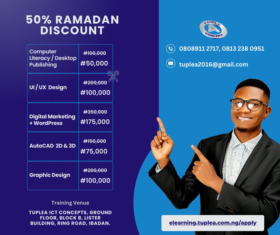 neyo_bouncin's tweet image. Don't forget, our special Ramadan offer is still on!
You can enjoy up to 50% discount on charges of all our training and services throughout this month.
Chat or call 0813-238-0951
📨 tuplea2016@gmail.com
#webdev #webdeveloper #computertraining #microsoft #tech #onlinelessons