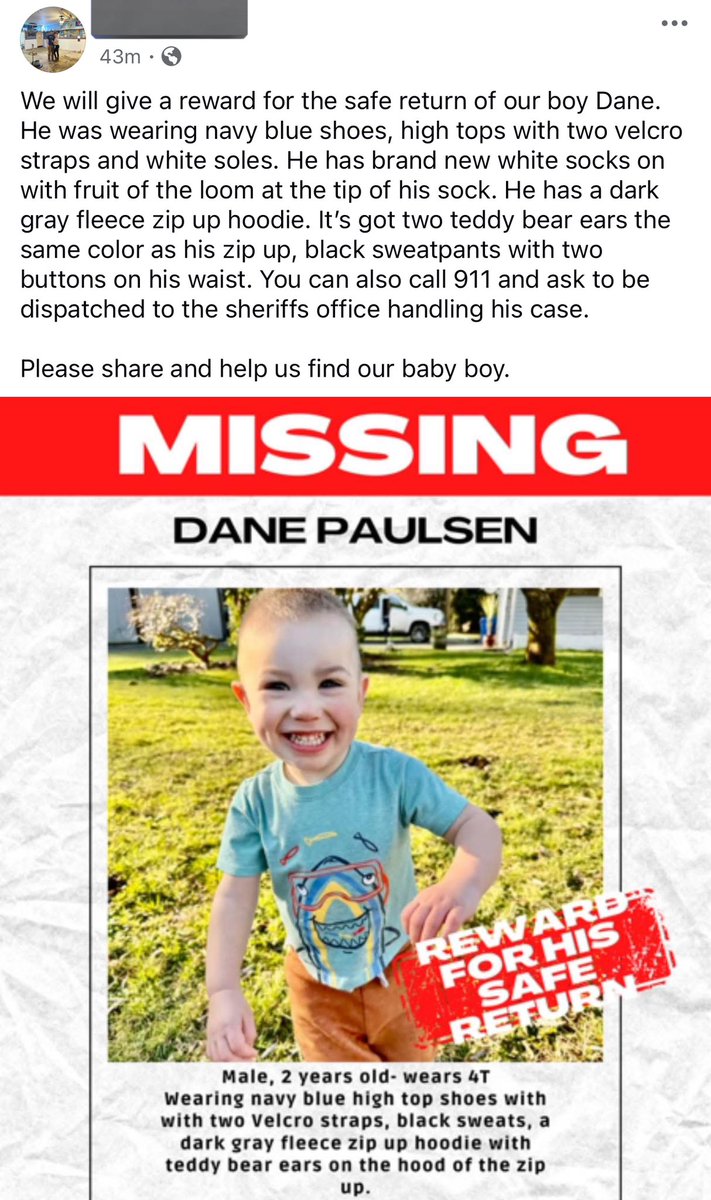 iamlegacy23's tweet photo. #BREAKING: #DanePaulsen mom took her meta page to thanks everyone who are assisting to search for Dane. #FindDane #BringDaneHome
I don’t know what to think at this point.
🚨 MISSING CHILD ALERT: PLEASE SHARE 🚨
Little Dane Paulsen, just 2 years old, is missing, and his family is desperately searching for him. The Lincoln County Sheriff’s Department, along with volunteers, are doing everything they can, but we need YOUR help to bring him home safely.
🔎 Details on Dane:
•Age: 2 years old
Clothing: Navy blue high-top shoes withVelcro straps. Black sweatpants with two buttons at the waist. Dark gray fleece zip-up hoodie with teddy bear ears. Brand new white socks (Fruit of the Loom)
📍 Last Known Location: Search efforts are ongoing near the Ojalla Drift Boat launch and surrounding areas. Authorities are expanding the search further south down the river toward the beach.
📢 How You Can Help:
•If you live in the area, please check any security cameras, dash cams, or game cams for possible sightings.
•Keep an eye out for Dane or any unusual activity.
•If you have ANY information, call 911 immediately and request to speak with the sheriff’s office handling the case.
The family is offering a reward for his safe return. Let’s spread this post far and wide to bring Dane home safely! 🙏💙 #FindDane #MissingChild #BringDaneHome #Oregon