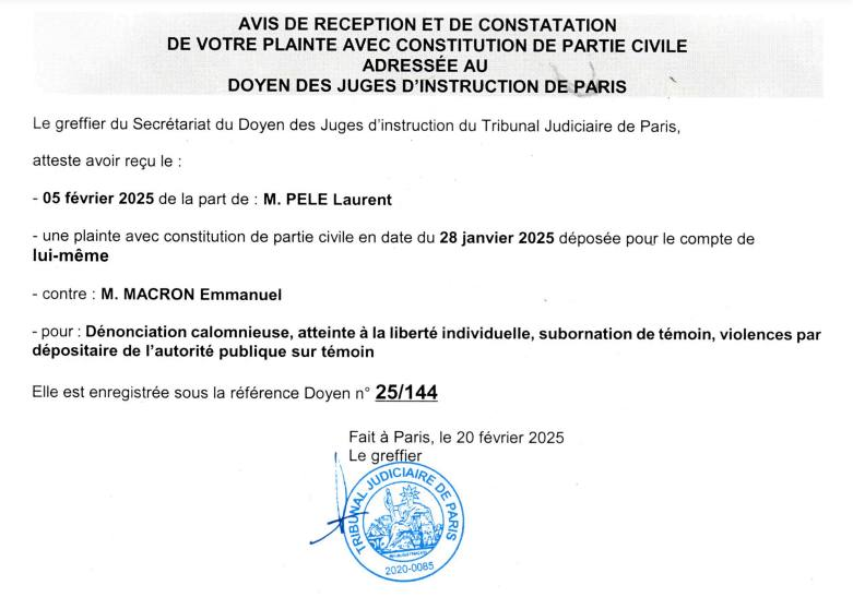 VirusWar's tweet image. Le doyen des juges d'instruction de Paris atteste de la recevabilité de ma plainte contre Emmanuel Macron (pour dénonciation calomnieuse, subornation de témoin, atteinte à la liberté individuelle, violences aggravées), aidez-moi à la faire aboutir viruswar.fr/procedure_pena…
