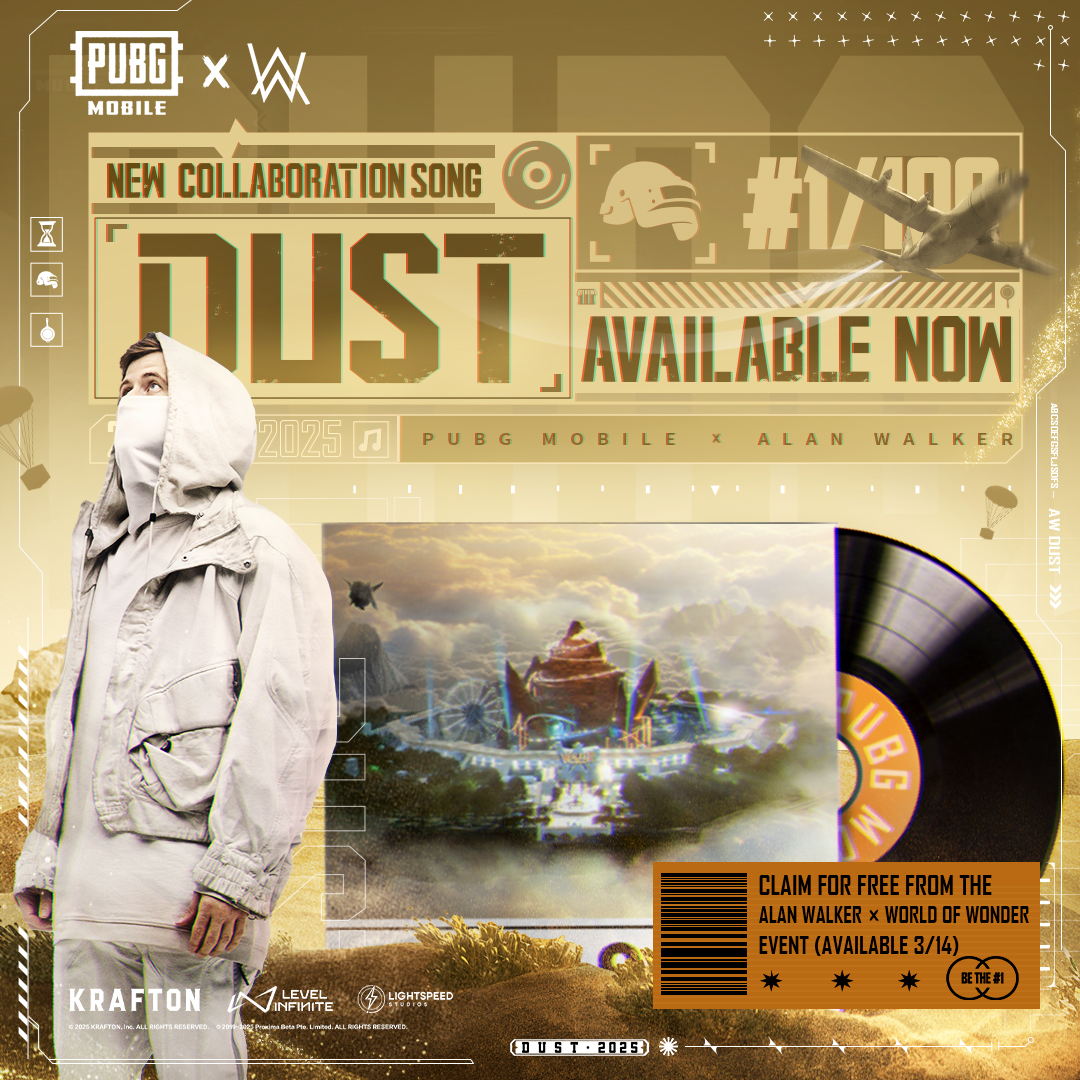 PUBGMOBILE's tweet image. The brand-new Alan Walker collaboration track &quot;&quot;Dust&quot;&quot; is now live! 

Groove to the beats that represent seven years of PUBG MOBILE. 🎶

🎧 Starting March 14, join the Alan Walker x World Of Wonder event to get this epic collab track for FREE!

🗺️ World Of Wonder Map Code:…
