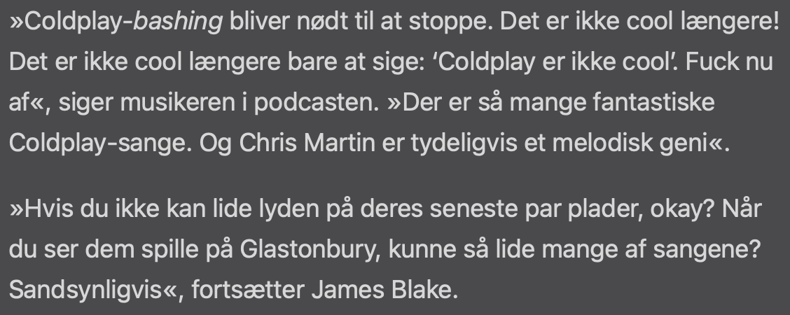 Enig. Personligt mener jeg dog, at Coldplay gør sig allerbedst på MCH Arena en råkold, dansk forårsdag efter Pedro Bravo med en skævert konverterer en døbol til et sejrsmål i overtiden. AAAAUUUUUH. #sldk