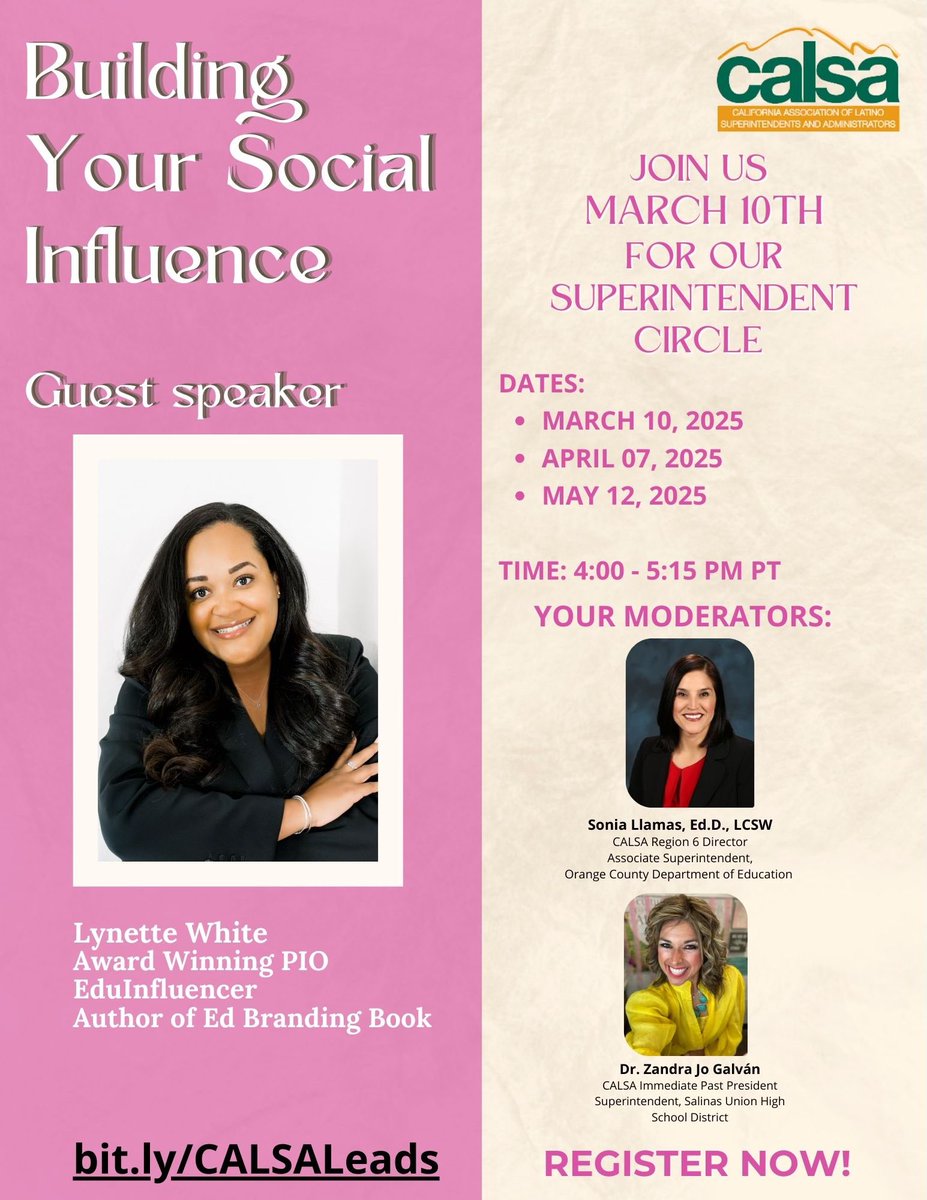 CALSA Superintendent &amp; Leadership Circle

📢 Education leaders, let’s talk SOCIAL INFLUENCE!

Join us March 10, 2025 (4:00-5:15 PM PST) for an inspiring CALSA Superintendent &amp; Leadership Circle w/ special guest <a href="/LynetteWhite/">Mary Lynette White</a>, Edu-influencer &amp; co-author of The Ed Branding Book!