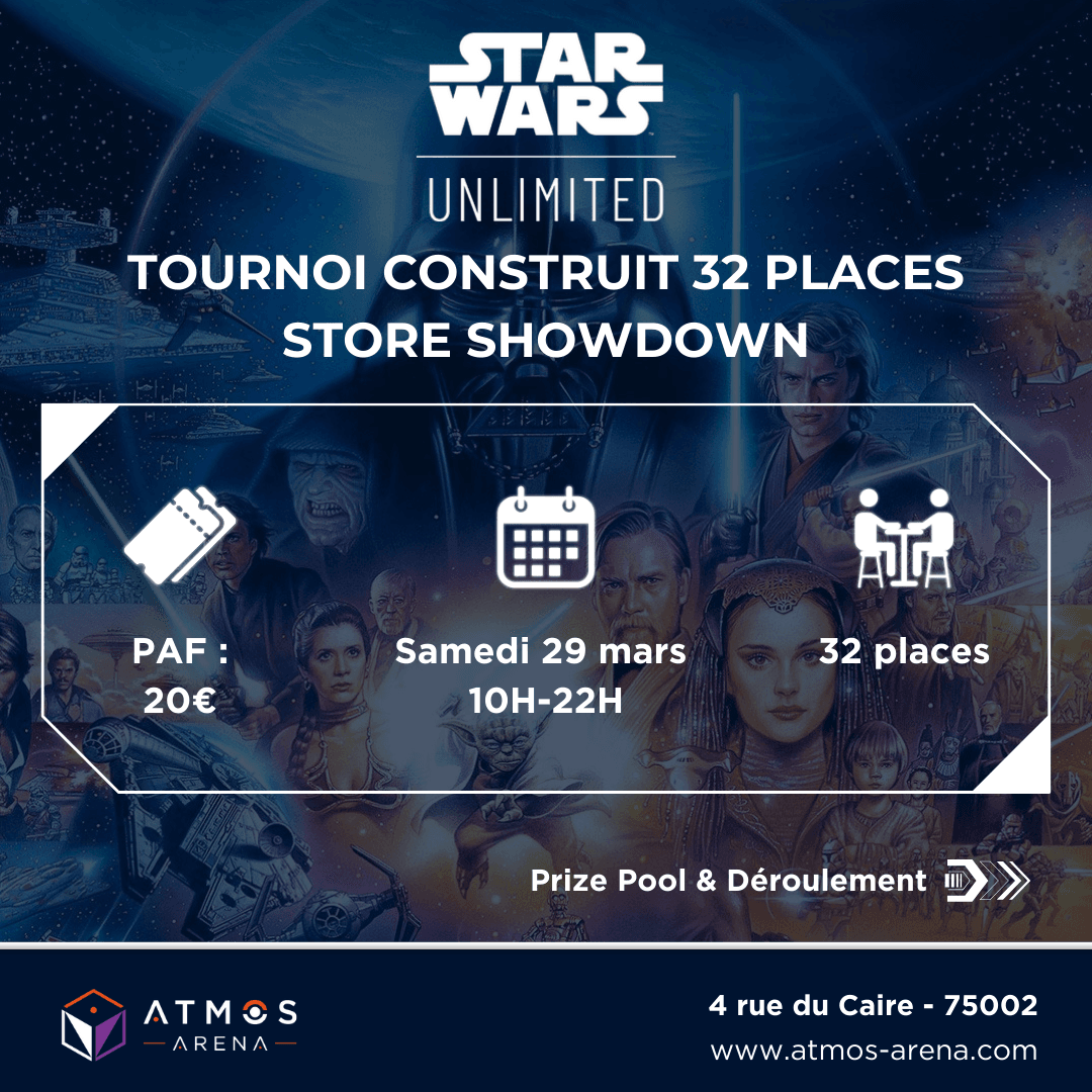 Atmos_Arena's tweet image. 🔥Tournoi Star Wars Unlimited - 29 mars 2025 - 32 places !🔥

⚔️ Construit – No proxies - Boba Fett Jaune banni
🎮 Rondes suisses : 6 BO3
🏆 Top 8 élimination directe (BO3)

💰 PAF : 20 € 
📍 Paris 2e | Inscription 👉 atmos-arena.com/event/tournoi-…
#StarWarsUnlimited #StarWarsTcg