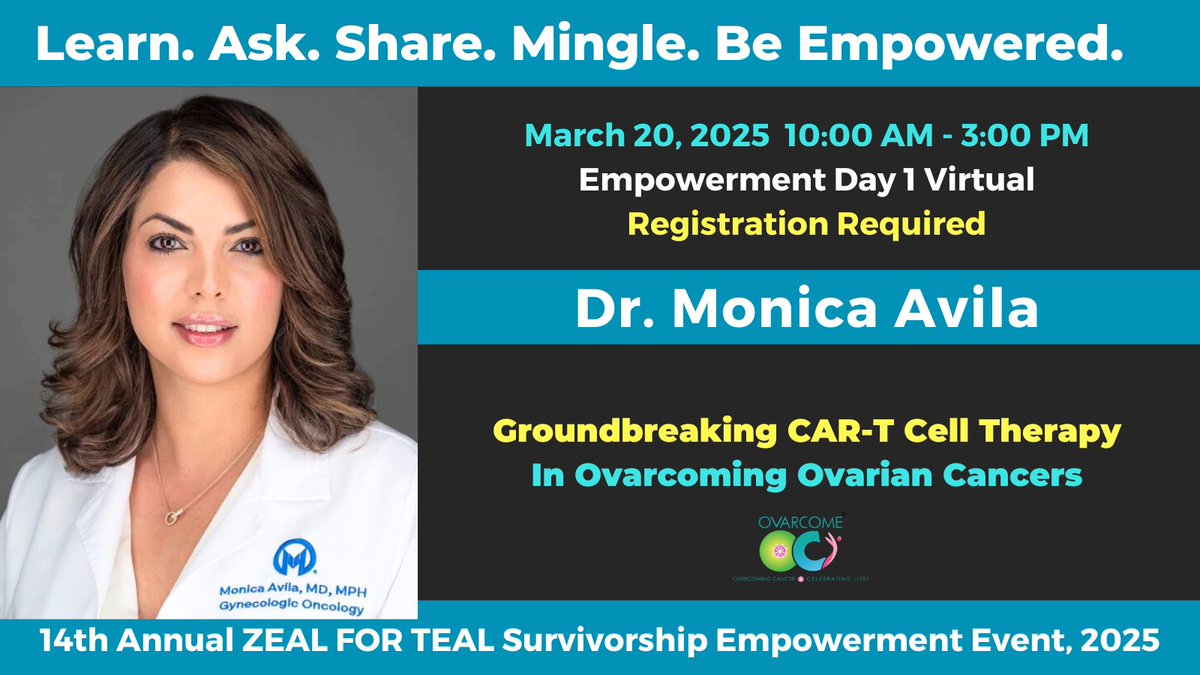 Ovarcome (@ovarcome) on Twitter photo For the first time in the world Ovarcomer Marisol Gallagher underwent CAR T Cell Therapy a second time <a href="/MoffittNews/">Moffitt Cancer Center</a>. Her Gyn-Onc Dr. <a href="/MAvilaMD/">Dr.Monica Avila</a> is joining us to Talk About Groundbreaking CAR-T Cell Therapy in Ovarian Cancer at #ZealForTeal2025! 3/20!
RSVP: ovarcome.org/events/zeal-fo… For the first time in the world Ovarcomer Marisol Gallagher underwent CAR T Cell Therapy a second time <a href="/MoffittNews/">Moffitt Cancer Center</a>. Her Gyn-Onc Dr. <a href="/MAvilaMD/">Dr.Monica Avila</a> is joining us to Talk About Groundbreaking CAR-T Cell Therapy in Ovarian Cancer at #ZealForTeal2025! 3/20!
RSVP: ovarcome.org/events/zeal-fo…