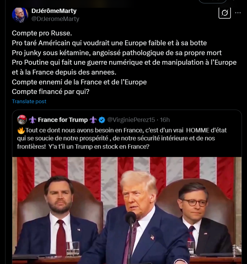 VirginiePerez15's tweet photo. 🚨👀 Alerte‼️ Je suis attaquée et diffamée frontalement par le Docteur Marty sur 𝕏 qui m'accuse d'être une sorte d'officine obscure financée par le Kremlin et la Maison Blanche😂! 

Vous vous souvenez de ce Docteur qui était sur tous les plateaux télé pendant le Covid? Un sectaire qui voulait "taper fort" les gens qui n'étaient pas vaccinés. C'est le répressif marteau du PAF! 

Pour votre gouverne @DrJeromeMarty , je ne suis financée par personne, je tiens ce petit compte de façon artisanale et toute seule. Par pure passion ! 

Et à ceux qui m'accusent d'être payée ou financée, vous allez être surpris! Alors que je pourrais faire monétiser mon compte X je ne le fais pas. Je tiens ce petit compte pour rien! 

Etre taxée de pro-Russe me fait sourire. La Russie n'est pas mon ennemie et je suis contre la guerre pauvre "taré"...Je reprends vos mots Docteur! 

Recevez cher "Docteur" toute ma déconsidération et mon irrespect. 

Bonne nuit "Docteur"!