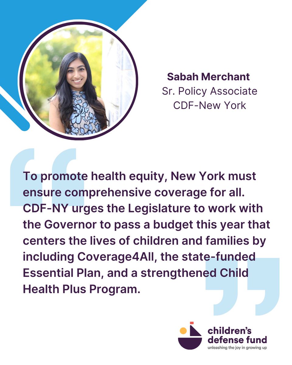 CDF-New York Senior Policy Associate Sabah Merchant recently testified before NY lawmakers on the need to advance health care affordability, ensure equity, and expand insurance access for all New Yorkers.

Read her full testimony here: bit.ly/3XyHFNY