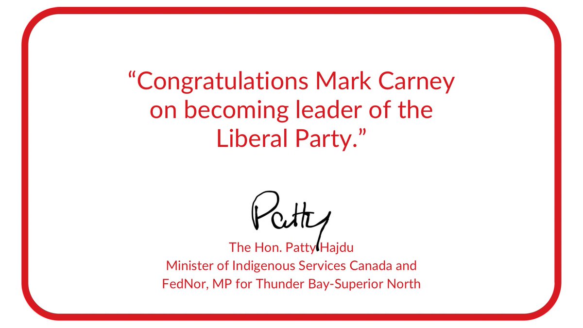 Congratulations <a href="/MarkJCarney/">Mark Carney</a> on becoming Liberal Leader and Canada's next PM. Your leadership and vision will help build the stronger, more sustainable Canada we all believe in. Thank you to all Liberals who participated in this historic race. Now let's get to work! 🇨🇦

#cdnpoli