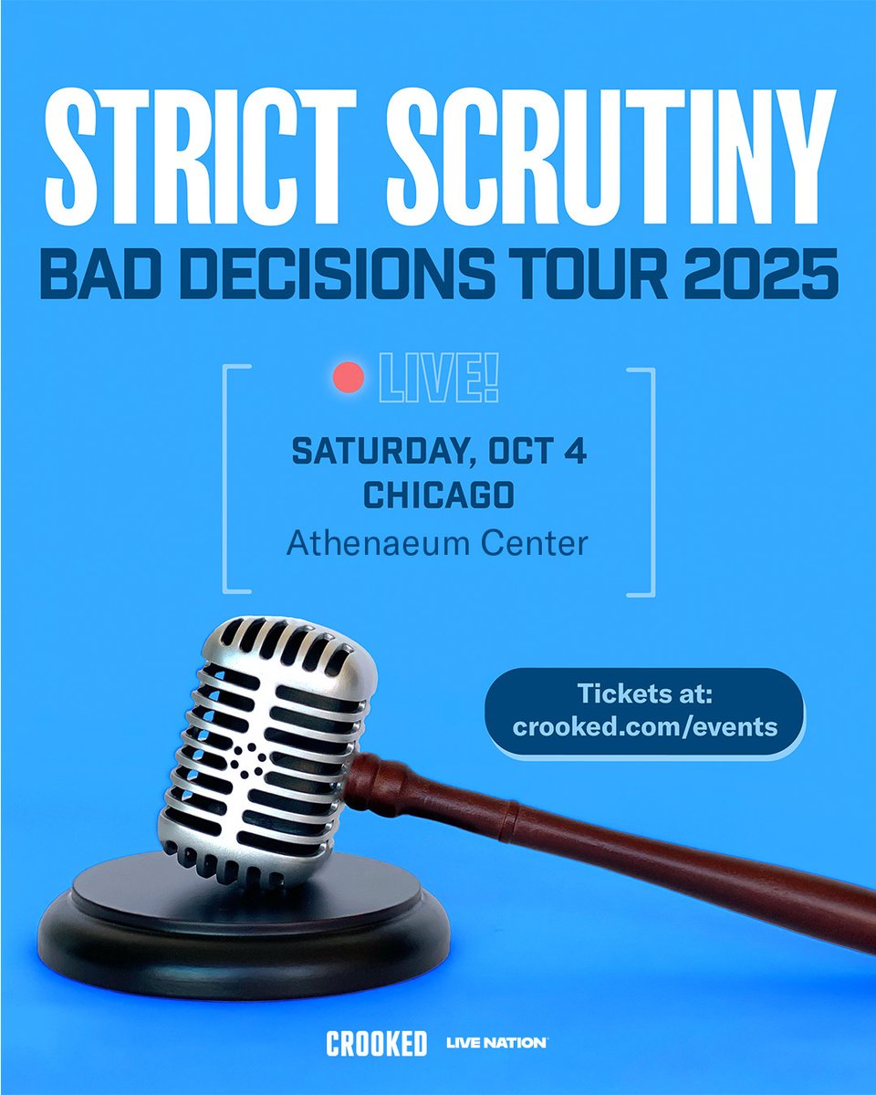 Live Nation Chicago (@livenationil) on Twitter photo STRICT SCRUTINY LIVE: The Bad Decisions Tour 2025 is coming to <a href="/athenaeumcenter/">Athenaeum Center for Thought & Culture</a> on Saturday, October 4!
Presale starts Thursday at 10AM with code FUNKY
Tickets go on sale Friday at 10AM. livemu.sc/3XBMq9B
<a href="/LeahLitman/">Leah Litman</a> <a href="/kateashaw1/">Kate Shaw</a> <a href="/ProfMMurray/">Melissa Murray (@ProfMMurray on Threads 🧵)</a> STRICT SCRUTINY LIVE: The Bad Decisions Tour 2025 is coming to <a href="/athenaeumcenter/">Athenaeum Center for Thought & Culture</a> on Saturday, October 4!
Presale starts Thursday at 10AM with code FUNKY
Tickets go on sale Friday at 10AM. livemu.sc/3XBMq9B
<a href="/LeahLitman/">Leah Litman</a> <a href="/kateashaw1/">Kate Shaw</a> <a href="/ProfMMurray/">Melissa Murray (@ProfMMurray on Threads 🧵)</a>