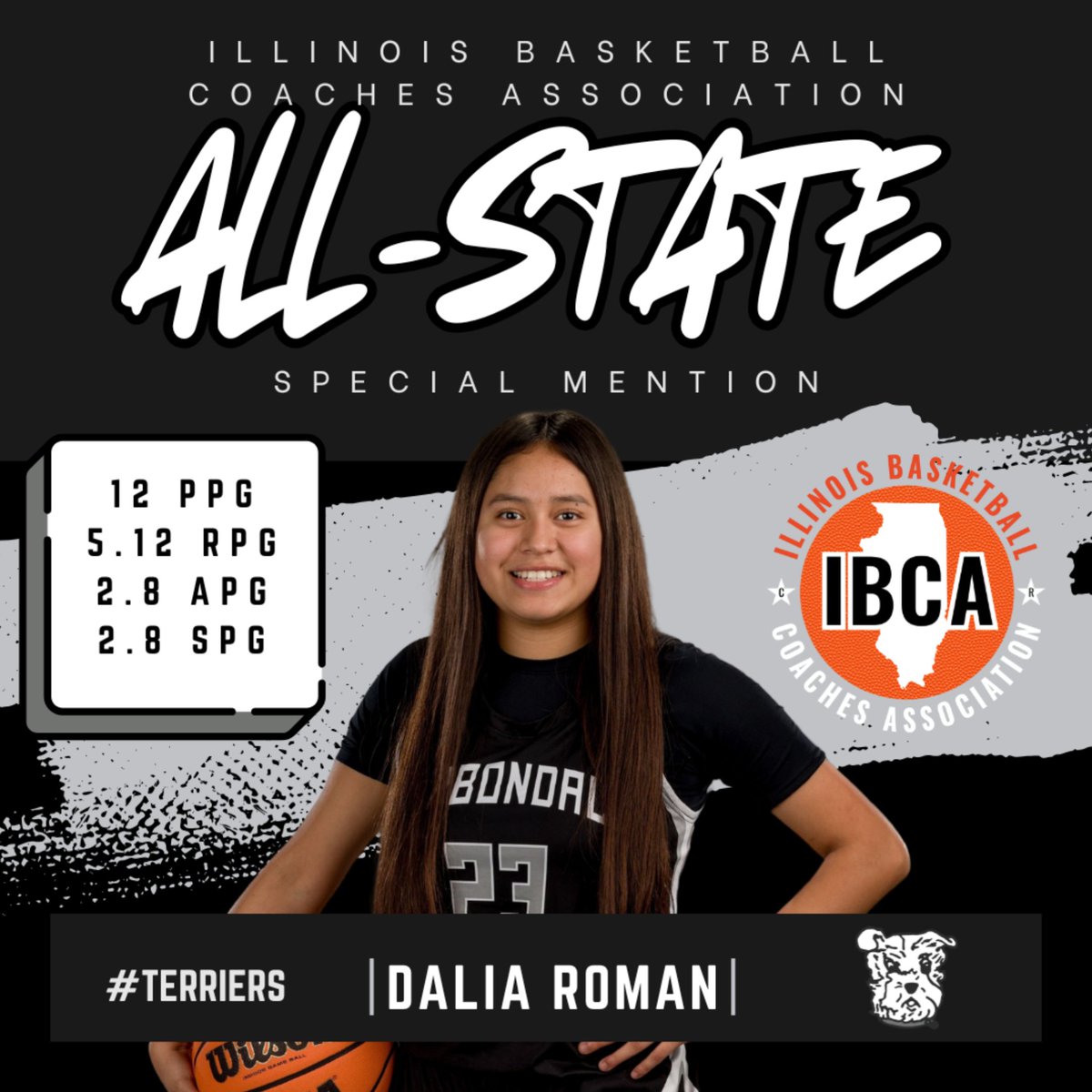 Congratulations to Dalia Roman on being named Special Mention for the Illinois Basketball Coaches Association All-State Team! 🏀👏 Well deserved! #GoTerriers
