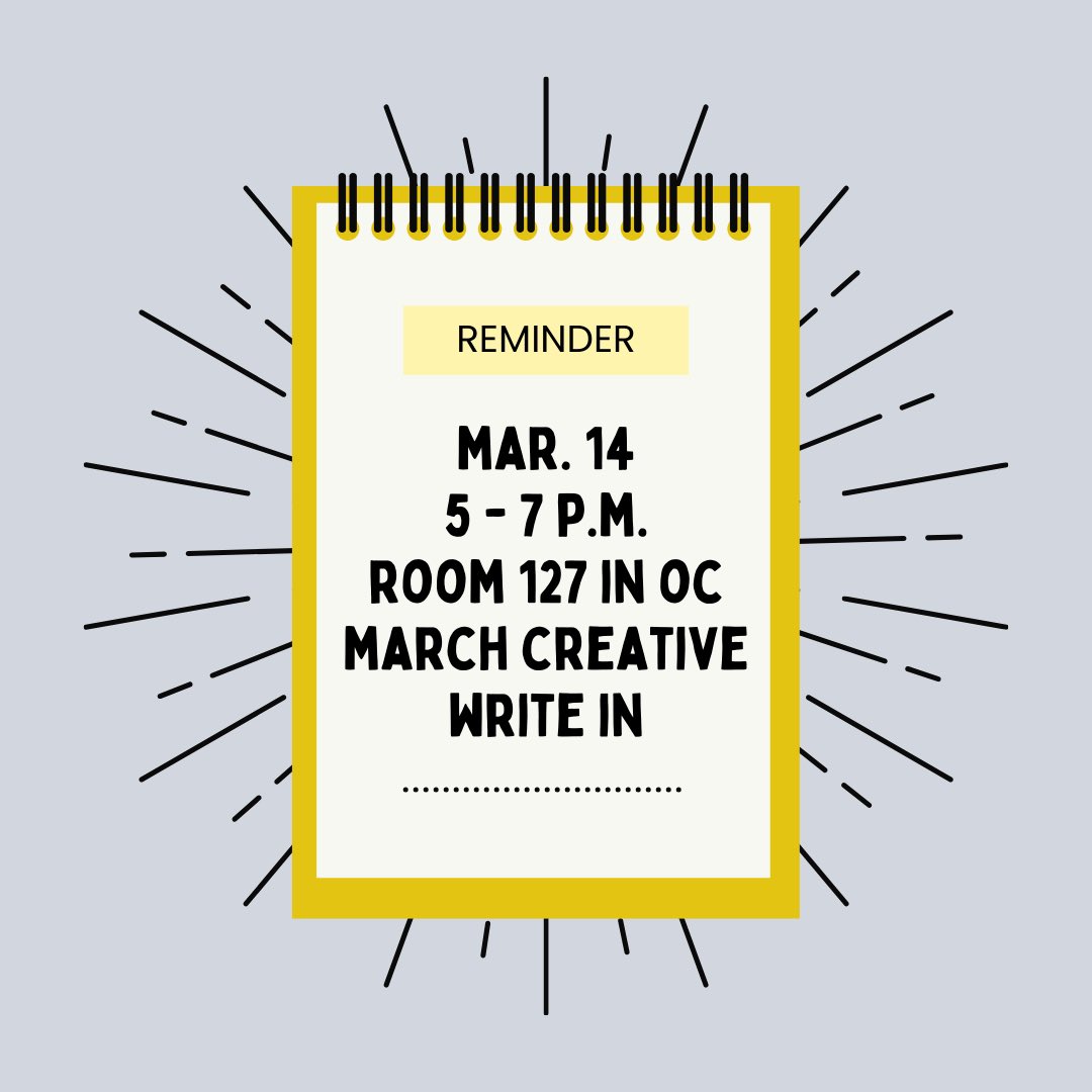 Reminder: The Student Writers Group at OU is hosting their monthly Write In on the 14th! Come hangout and write with your peers. 

#writing #rhetoric #oaklanduniversity