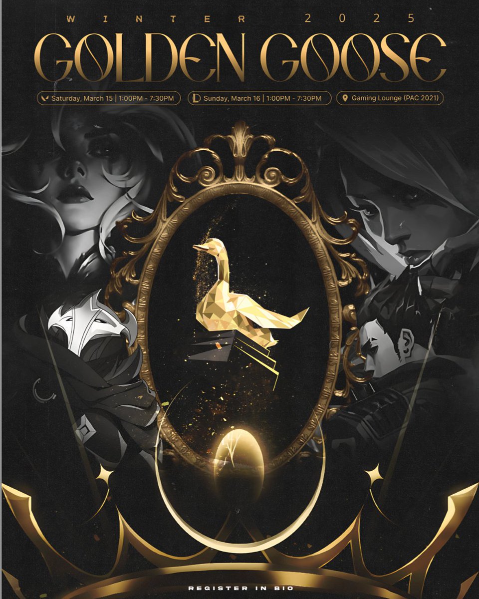 🏆GOLDEN GOOSE 2025: THE THRONE AWAITS🏆
ㅤ
Do you have what it takes to stand among champions? Step into the arena where only the legends will rise. Compete in League of Legends or Valorant and fight for the throne!

🔗 Register Now: &lt;linktr.ee/uwesports&gt;