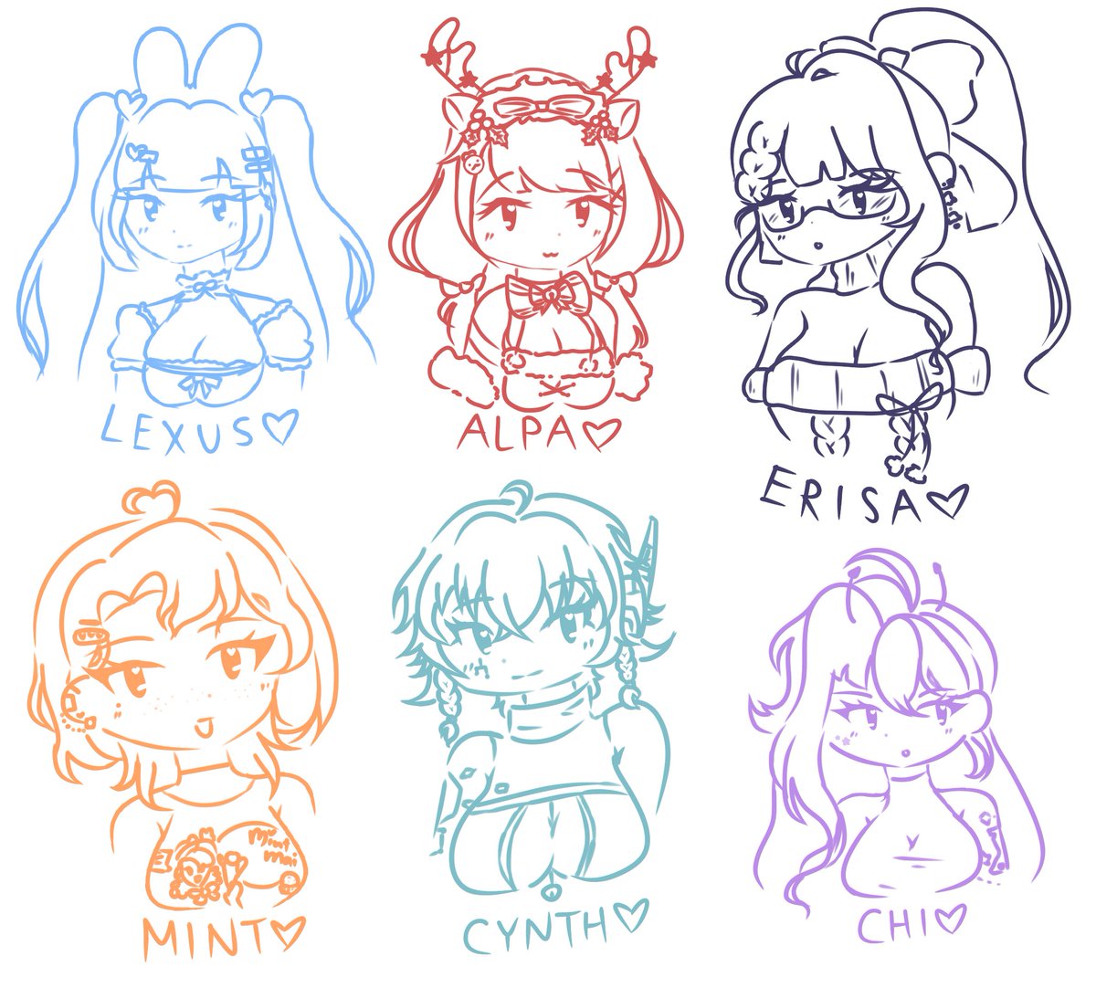 Chiisuri's tweet image. Decided to doodle some friends~!! (attempting to push thru artblock..)😻❣

#LynnaArt ♡ #AlpaART ♡ #ErisaART ♡ #mintmaiART ♡ #cynthspiration ♡ #ChiTalks