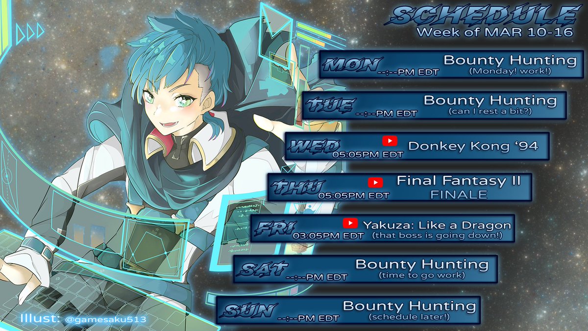 KonenRoy's tweet photo. Weekly Schedule!👾🔫

General: #RoyKonen / #光年ロイ
Stream: #RoKonair
Art: #RoKonDisplay
Meme: #RoKomeems
Clips: #RoKlips  
Fan name: Bestroid 
Oshi Mark: 👾🔫
* these might be subject to change *     
#Vtuber 
#ENVtuber 
#VtuberSupport     
art by @/gamesaku513 https://t.co/G6h1zZUVKl