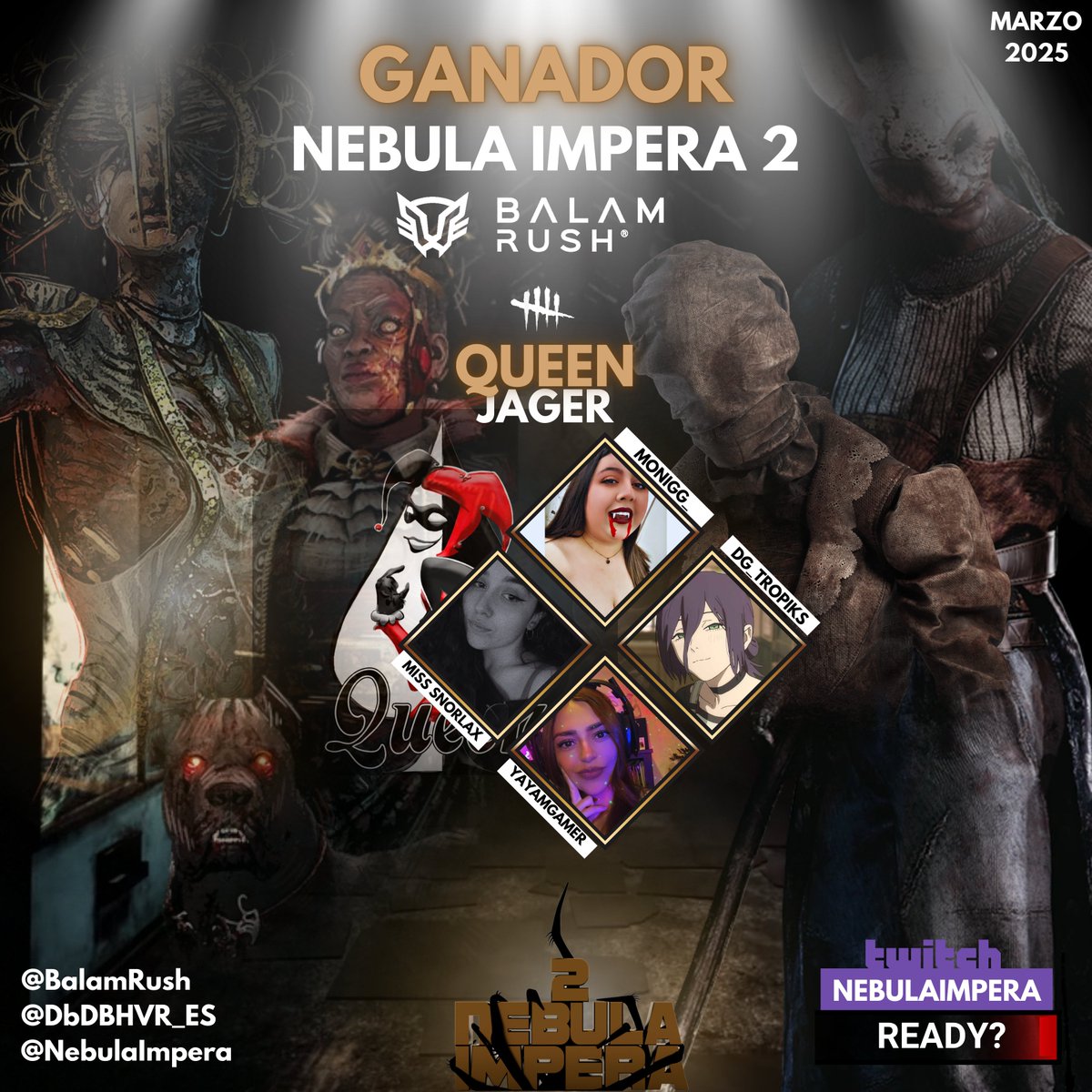 Nebula Impera (@nebulaimpera) on Twitter photo GANADOR NEBULA IMPERA 2
🔥QUEEN 🔥
<a href="/JagerSR10/">Jagersr</a> <a href="/_MissSnorlax_/">Miss Sn♡rlax</a> MoniGG_ DG_Tropiks YayaMGamer
GRACIAS A TODOS LOS PARTICIPANTES POR HACER UN TORNEO ÉPICO <3
Torneo patrocinado por <a href="/BalamRushMX/">Balam Rush</a> GANADOR NEBULA IMPERA 2
🔥QUEEN 🔥
<a href="/JagerSR10/">Jagersr</a> <a href="/_MissSnorlax_/">Miss Sn♡rlax</a> MoniGG_ DG_Tropiks YayaMGamer
GRACIAS A TODOS LOS PARTICIPANTES POR HACER UN TORNEO ÉPICO <3
Torneo patrocinado por <a href="/BalamRushMX/">Balam Rush</a>