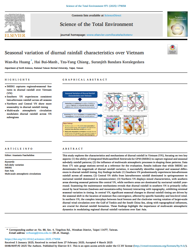 SuranjithK's tweet photo. 🌧️ New Research Alert! 🌏 Dive into our latest study on the seasonal and diurnal rainfall characteristics across Vietnam 🇻🇳! ☀️🌙 We've explored how multi-scale atmospheric processes shape diurnal rainfall. Read it here: https://t.co/kIYeUzEIfx #ClimateScience #Vietnam #Research https://t.co/rdmkjQzUHt