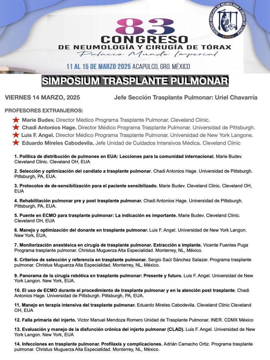 El viernes próximo tendremos nuestro simposium de Trasplante Pulmonar dentro del Congreso de Neumologia y Cirugía de ￼Tórax en Acapulco. Invitados todos cordialmente. Pueden en compartir a quien crean tenga interés en este tema.