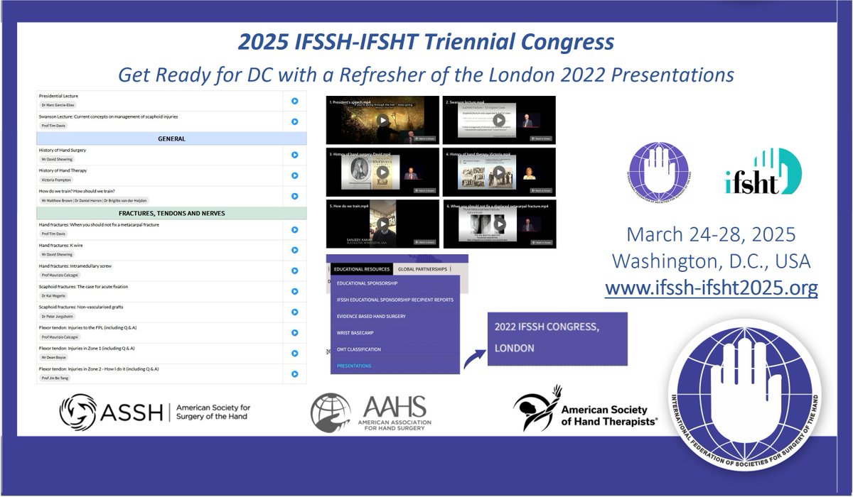 Excited for what’s coming in DC? Relive the unforgettable moments from London 2022 with past congress highlights!✨ Watch here: ifssh.info/presentations-…🌍🗓️ Register now: ifssh-ifsht2025.org. #HandSurgery #IFSSH2022 #IFSSH2025 @handsurgeryassn @handtherapyasht @ifshandtherapy