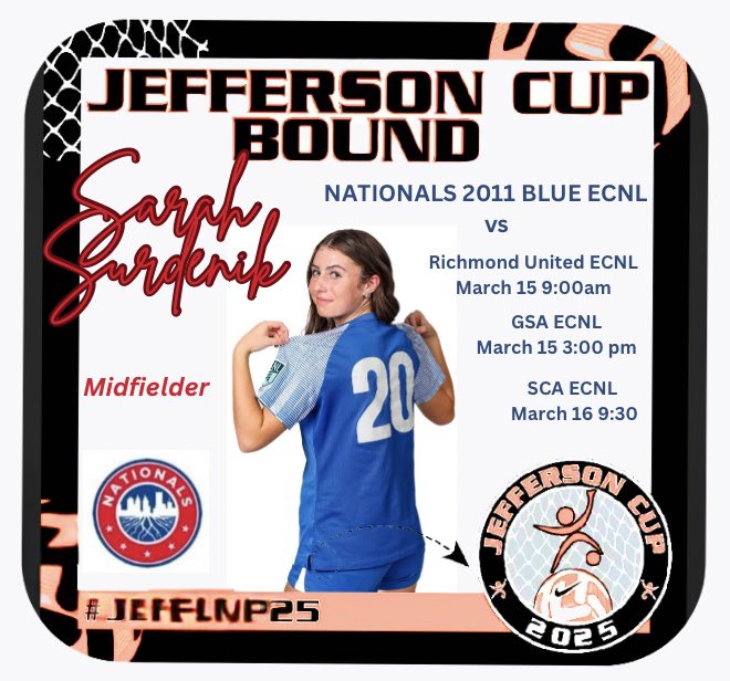 Excited to compete next weekend with my team at the River City Sportsplex in Virginia! <a href="/jeffersoncup/">Jefferson Cup</a> <a href="/ECNLgirls/">ECNL Girls</a> <a href="/NationalsGA/">Nationals Girls Academy</a> <a href="/TheSoccerWire/">SoccerWire</a> <a href="/TopDrawerSoccer/">TopDrawerSoccer</a>