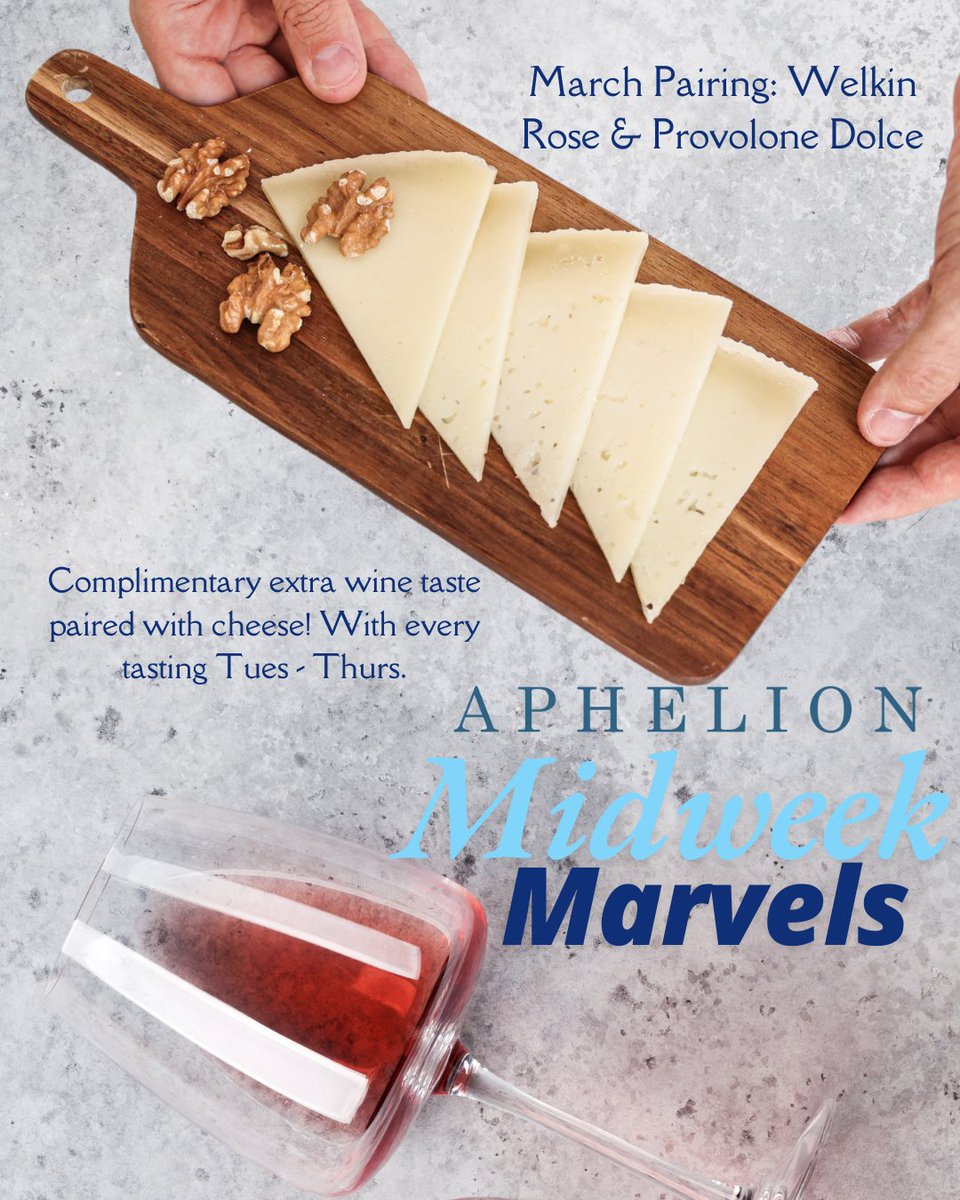 Is there anything more freeing than having a day off midweek? 

YES - a special Midweek-Only treat. 

A tipple of our 75% Mourvèdre, 25% Grenache Rosè
Served With
A piece of Provolone Dolce cheese and a gluten free lavosh cracker. 

Completely on us. 

aphelionwine.com.au/pages/cellar-d…