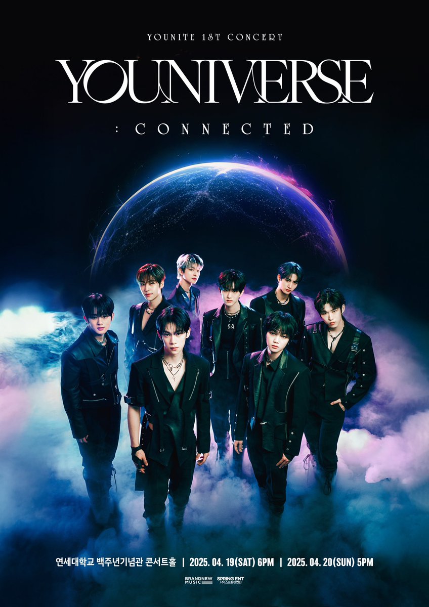 YOUNITE 1ST CONCERT <YOUNIVERSE : CONNECTED> 
상세페이지 및 좌석배치도 안내

🪐일시
2025.04.19 (SAT) 6PM (KST)
2025.04.20 (SUN) 5PM (KST)

🪐장소
연세대학교 백주년기념관 콘서트홀

티켓 오픈 
팬클럽 선예매 : 2025.03.14 (FRI) 8PM (KST) ~ 2025.03.15 (SAT) 11:59PM (KST)
일반 예매 :