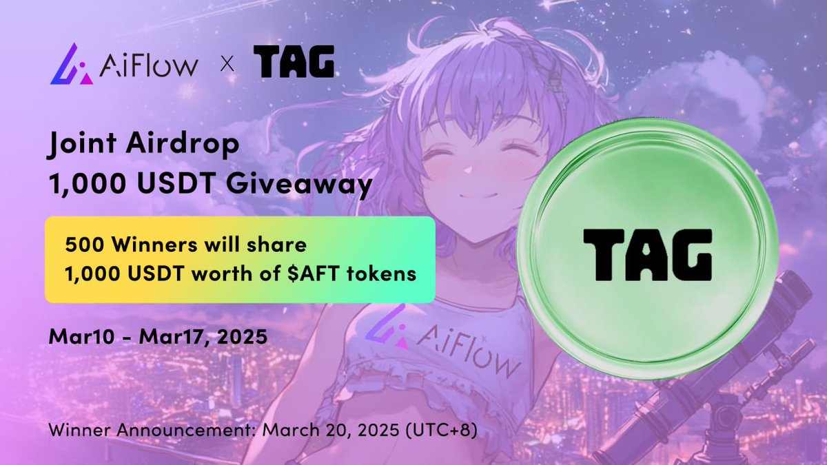 AIFlow_Web3's tweet image. 🎉 AIFlow x TagAI Joint Airdrop | 1,000 USDT Giveaway 🎉
🔥 A huge thank you to #TagAI for driving innovation in the #BNBChain ecosystem! To show our appreciation, we are launching a special airdrop exclusively for $TTAI holders, distributing 1,000 USDT worth of $AFT tokens!…