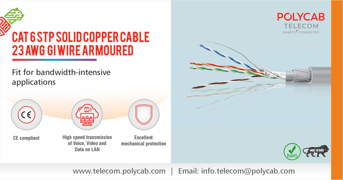 PolycabTelecom's tweet image. Cat 6 STP Solid Copper Cable 23 AWG GI wire Armoured
Fit for bandwidth-intensive applications
To Know More - bit.ly/3QSV0x0

#CAT6 #STP #SolidCopperCable #GIwire #ArmouredCables #polycabtelecom #vocalforlocal #digitalIndia #makeinIndia #atmanirbharbharat @PolycabIndia