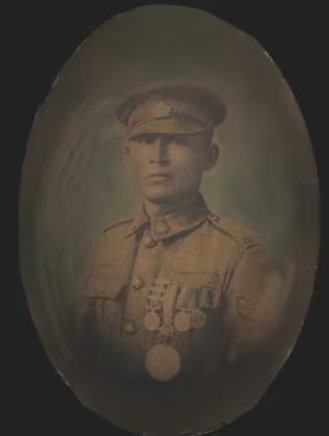 A painted black and white photo of Corporal Francis Pegahmagabow from the George Metcalf Collection.

Pegahmagabow was an effective sniper and the most decorated Indigenous soldier in Canadian history. He was one of only 38 Canadians to receive a Military Medal with two bars.