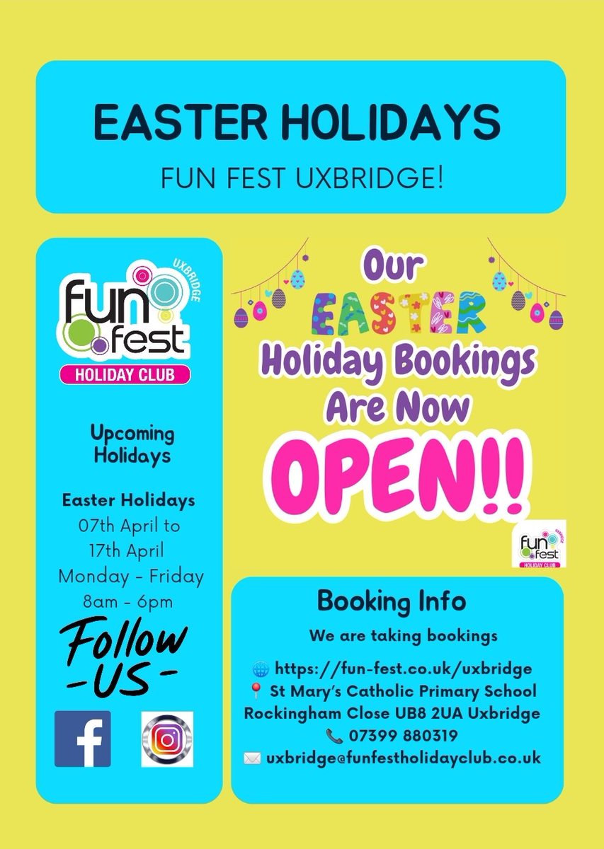 FunfestUxb's tweet image. 🥚 One Month to go until The Easter Holidays!!
Whether your child loves getting creative, staying active, or trying something new, Fun Fest has something for every bunny! 🖌️⚽
🌐 fun-fest.co.uk/uxbridge/